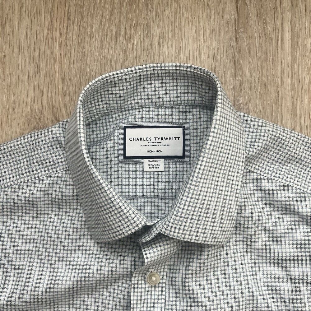 Charles Tyrwhitt Mens 15.5X33 White Blue Gray Non-Iron Classic Fit Dress Shirt